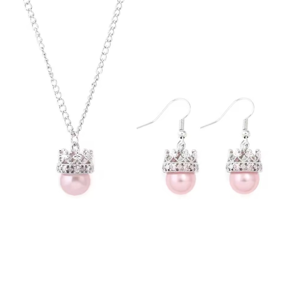 Wicked Glenda The Good Witch Faux Pink Pearl Necklace & Earrings Set Silver Tone - Picture 3 of 13